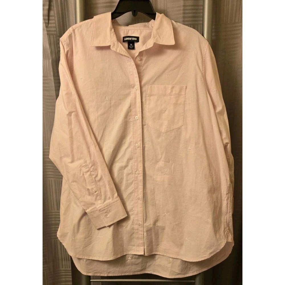 Lands'‎ End Pink Button Up Cotton Stretch Oxford Embroidered Boats Size 16W-18W